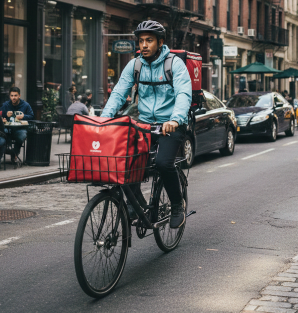 Kurier na rowerze w mieście