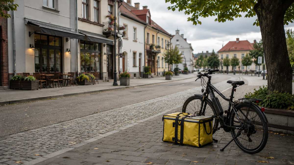 Kurier Glovo w małym mieście podczas pracy