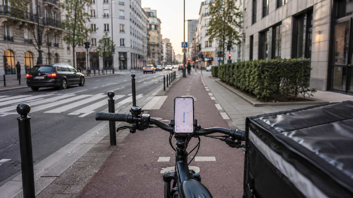 Kurier na rowerze elektrycznym robi kilometry podczas dostaw jedzenia