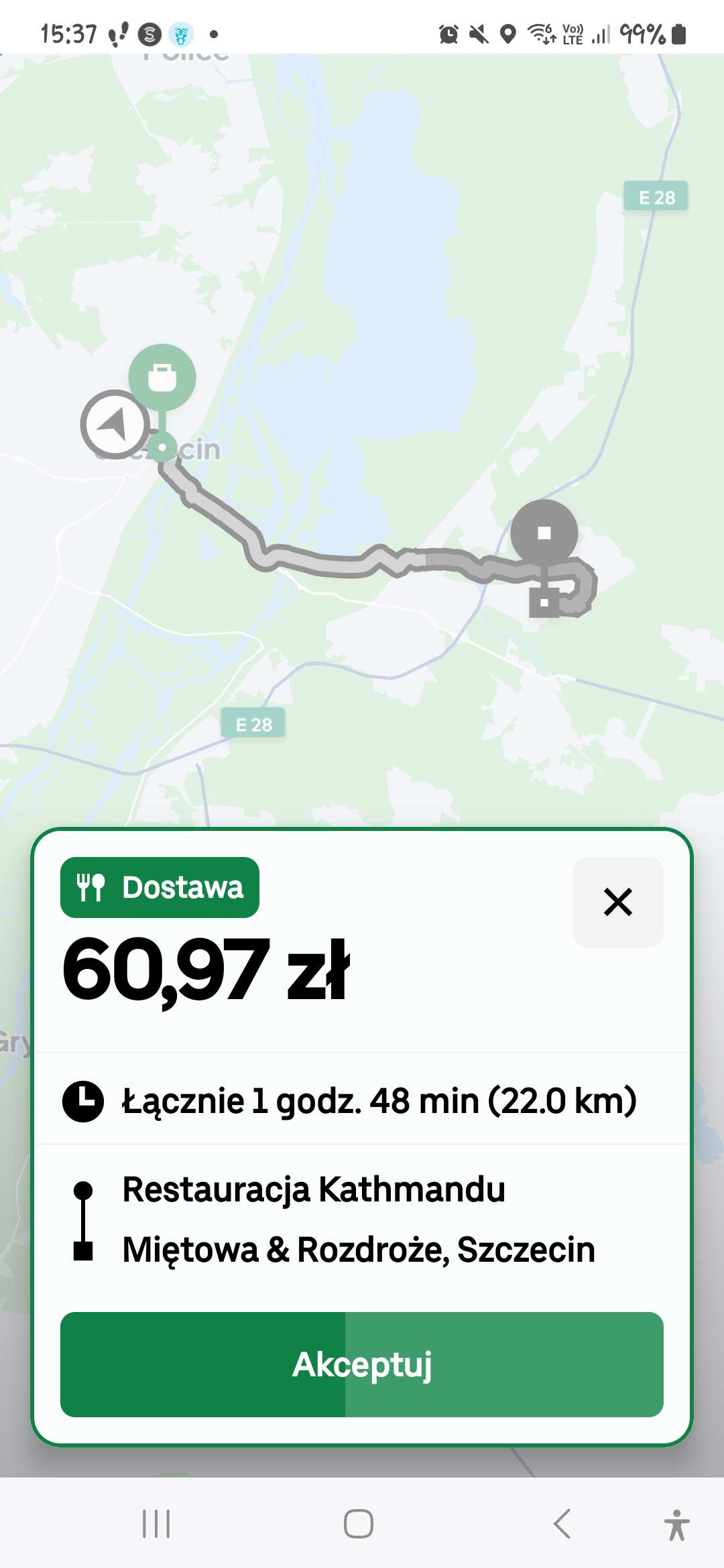 Przykład dynamicznej stawki za dostawę w Uber Eats